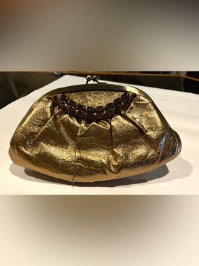 jessica mcclintock Cocktail Bag Gold Amber Bead Detailing Kiss Lock Chain Strap